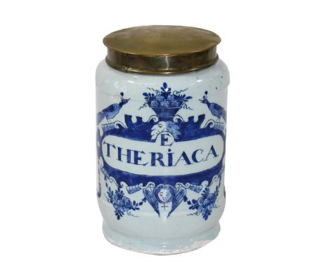 Albarello Delft Hendrik: van Hoorn. Seltenes Alborello mit blauer Pfauenkartusche u. geflügeltem Engelskopf. Schriftband "THE