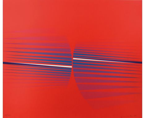 Quinte, Lothar: (1923 Neiße/Oberschlesien - Wintzenbach 2000). Kreisförmige gekonterte Lamellenkomposition Blau-Weiß auf Rot.