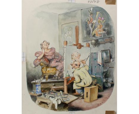 Traub, Gustav: (1885 Lahr - St. Märgen 1955). Portraitierender Maler im Atelier. Aquarell. 31 x 23,5 cm. Sign. Verso mit Stem