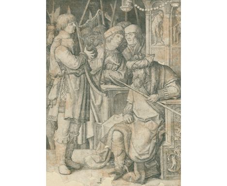 Leyden, Lucas van: (1494 Leiden 1533). David spielt die Harfe vor Saul. Kupferstich auf Bütten mit Wasserzeichenfragm. (1508)