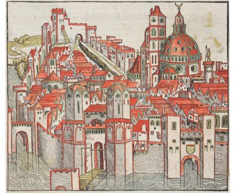 Metz.: Phantasieansicht. Holzschnitt aus der deutschen Ausgabe von H. Schedel, Liber chronicarum, Nbg. 1493. 19 x 22 cm (auf 