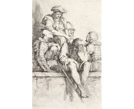 Rosa, Salvator: (1615 Aranella - Rom 1673). Vier Soldaten u. ein stehender junger Mann, der auf einen von ihnen zeigt. Radier
