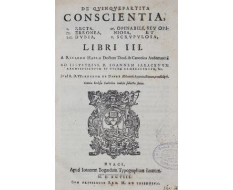 Hall,R.: De quinque partita conscientia... libri III. Douai, J.Bogard 1598. Mit Holzschn.-Druckermarke. 24 Bl., 552 S. Blindg