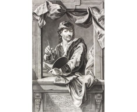 Haid, Johann Jacob: (1704 Kleineislingen - Augsburg 1767). Portrait des Malers Johannes Kupetzky. Halbfigur mit Palette u. Pi