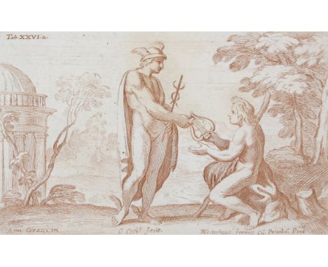 Cesi, Carlo: (Rieti 1626-1686). Apoll schenkt Hermes seine Lyra. Kupferstich nach einem Gemälde Annibale Caraccis für die Gal