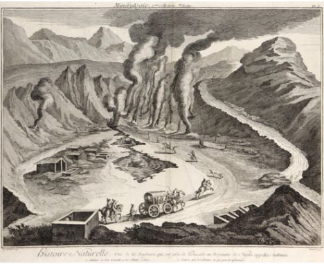 Bergwerk.: "Histoire Naturelle - Coupe et Vue Generale d'une Mine". Ansicht eines Untertagebaus im Aufschnitt u. Wasserrad. R