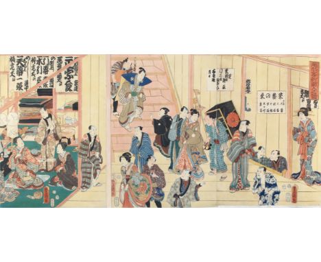 Utagawa I, Kunisada: (1786 Edo 1865). Odori keiyô nikai-iri no zu - Die Aufenthaltsräume hinter der Bühne eines neu eröffnete