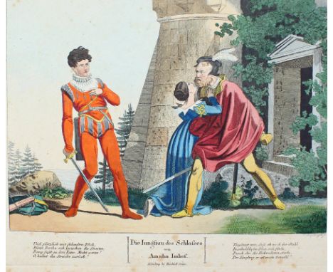 Buchillustrationen.: Slg. von 6 Bl. Buchillustrationen u. 1 Karikatur.  Überwieg. kolor. Radierungen, um 1810/20. Qu.8° u. Qu