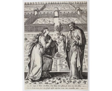 Collaert, Adriaen: (1520 Antwerpen 1618). Christus als Gärtner (mit Ecclesia als Personifikation der Kirche). Kupferstich. Ca