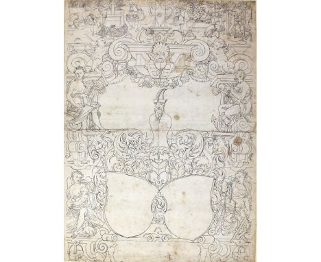 Amman, Jost: (1539-1591) nach. Ein Bl. mit 4 allegor. Frauenfiguren u. zwei Putti, Fischfang- u. Wirtshausszene oben, Rollwer