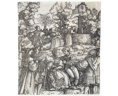 Schäufelein, Hans: (ca.1480 Nürnberg - Nördlingen ca.1582). Eine Gesellschaft im Garten. Holzschnitt. Ca. 14 x 12,4 cm, auf D
