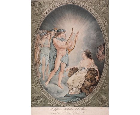 Ridé: (tätig 2. Hälfte 18. Jhdt.). L'influence de l'Apollon et des Muses raniment la Terre par les beaux Arts. Farbaquatintar