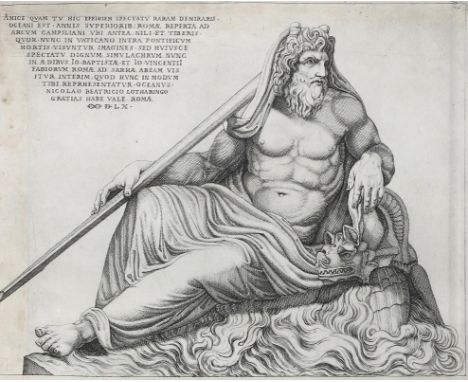 Beatrizet, Nicolas: (1515 Lundville/Lothringen - Rom ca. 1570). Flussgott Oceanus. 31 x 36,5 cm. Kupferstich. 16. Jhdt. Li. s