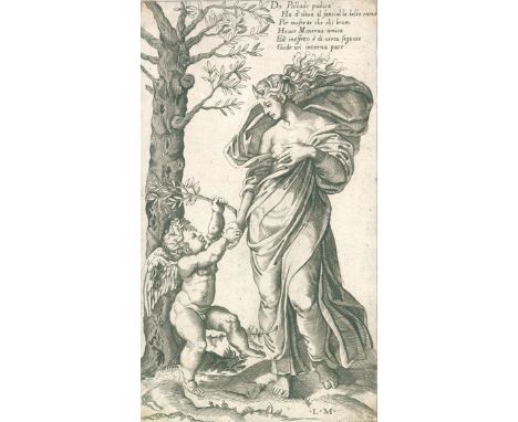 Musi, Lorenzo de: (unbek., tätig in Venedig um 1535). Allegorie des Friedens. Kupferstich. 16. Jhdt. 21,5 x 12,2 cm. Monogr. 