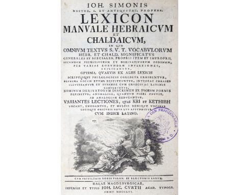 Simonis,J.: Lexicon manuale hebraicum et chaldaicum,... Halle, Curtius 1756. Mit gest. Titelvign. 4 Bl., 1082 S., 23 Bl. Prgt