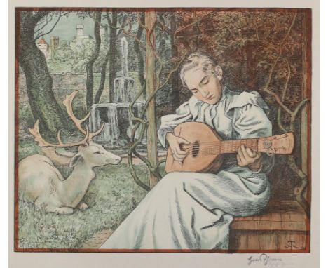 Thoma, Hans: (1839 Bernau - Karlsruhe 1924). Gitarrenspielerin. Farb. Algraphie, 1898. 37,5 x 45,2,  Blgr. 51,7 x 58,2 cm. Un