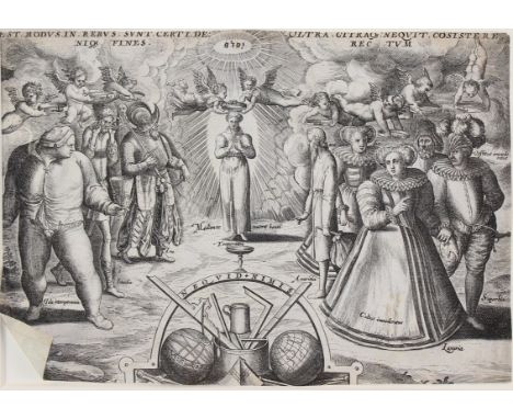 Jode, Gerard de: (1509 Nijmegen - Antwerpen 1591). Personifikationen  von Tugenden und Lastern. Kupferstich. 20 x 28,5 cm. Bi
