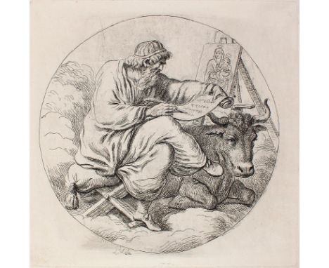 Lélu, Pierre: (1741 Paris 1810). Der Hl. Lucas. Radierung. Ca. 21,6 x 21 cm. I.d.Platte sign. Unter Passep.   ╔Dabei: Dem. zu