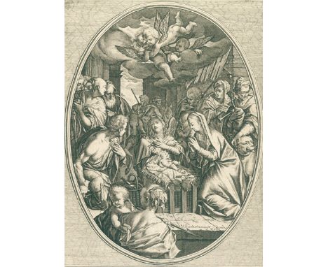 Lauterburger, Philipp Jakob: (Loutherbourg, 1698 Basel - Paris 1768). Die Anbetung der Hirten. Darst im Oval. Kupferstich auf