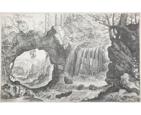 Major, Isaak: (1576 Frankfurt/M. - Wien ca. 1645). Landschaft mit Wasserfall re. vom Felsentor. Bl. 8 aus d. Folge von 9 "Die