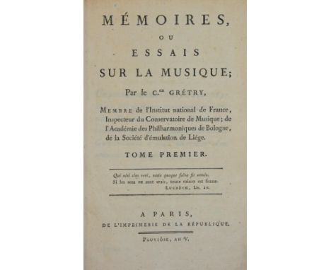 Gretry,(A.E.M.).: Memoires, ou essais sur la musique. 3 Bde. Paris, Impr. de la Republique "An V" (= 1797). Ldrbde. d. Zt. mi