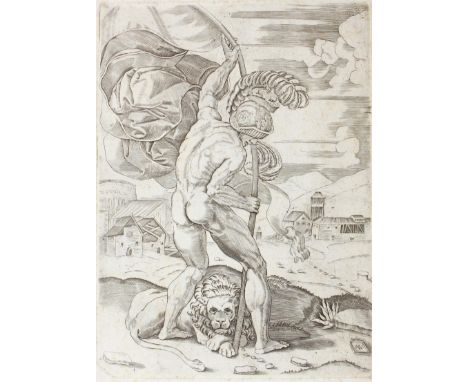 Veneziano, Agostino: (1490 Venedig - Rom nach 1536). Nackter Krieger mit Helm versucht, eine Fahne in den Boden zu rammen. Ku