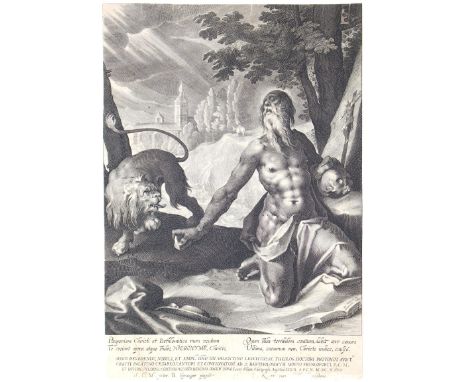 Kilian, Lucas: (1579 Augsburg 1637). Hl. Hieronymus in der Wüste. Kupferstich. Nach B. Spranger. 1610. 33,4 x 22,8 cm. I.d.Pl