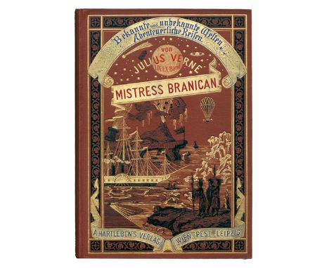 Verne,J.: Mistress Branican. 2 Tle. in 1 Bd. Wien u.a., Hartleben 1893. Gr.8°. Mit 83 Textabb. 354 S., 1 Bl. Illustr. Olwd. m