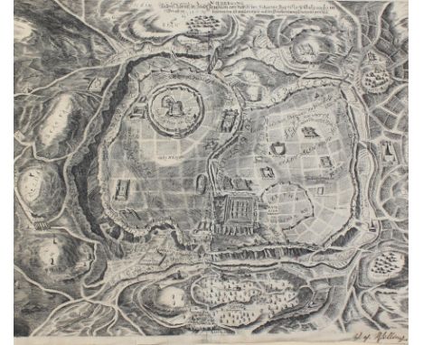 Jerusalem.: Stadtplan von Jerusalem nach der dt. Bibel im 17. Jhdt. Kupferstich. Ca. 35,5 x 41,5 cm. Re. unten mit Namensunte