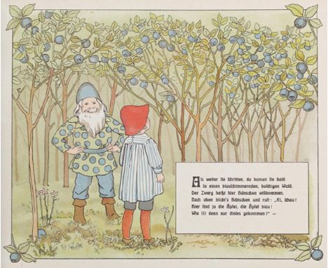 Brandt,K.: Hänschen im Blaubeerenwald. Ein neues Bilderbuch. Stgt., Loewe/ Carl (1903). Qu.4°. Mit 16 farb. lithogr. Illustr.