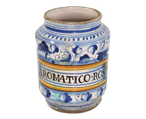 Albarello wohl Montelupo: od. Faenca um 1550. Majolika mit Blauem Dekor aus Blüttern. Schriftband in grün Gelb mit bez. AROMA
