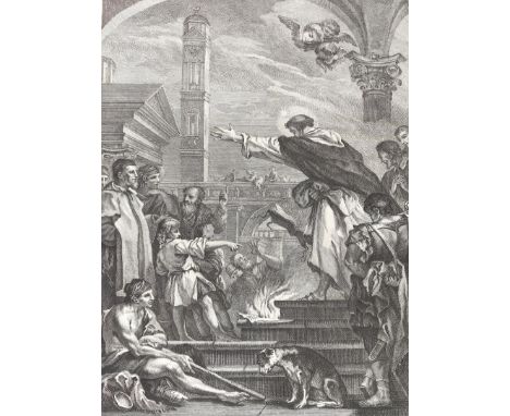 Bücherverbrennung.: Ter in flammas [...] exivit illaesus penitus. Radierung von J.Wagner nach S.Ricci. Plgr. ca. 44 x 30,7 cm