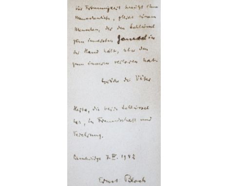 Bloch, Ernst: (1885 Ludwigshafen - Tübingen 1977). Eh. Widm. u. Unterschr., dat. Cambridge 7. IV. 1942. Auf Vors. v. Spuren. 