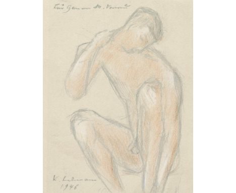 Lehmann, Kurt.: (1905 Koblenz - 2000 Hannover). Sitzender männlicher Akt, Bleistiftzeichnung mit Buntstift. 1946. 13 x 10,4 c