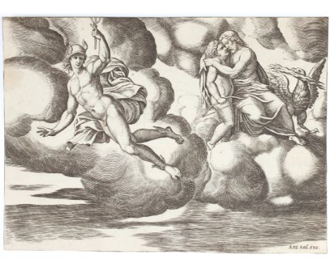 Salamanca, Antonio: (1497 Salamanca - Rom 1562). Amor bittet Jupiter um Gnade für Psyche. Kupferstich. Nach M. Coxie. 1530-35