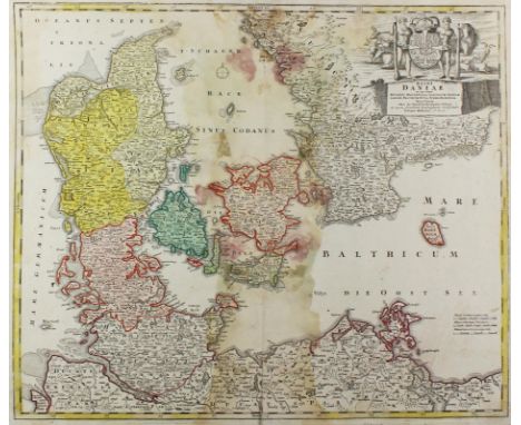 Dänemark.: "Regni Daniae". Altkolor. Kupferstichkte. v. J.Hübner bei J.B.Homann, Nbg. um 1730. 48 x 56,5 cm. Mit fig. u. hera