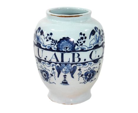 Albarello Delft Hendrik: van Hoorn zugeschr. Seltenes Albarello mit blauer Engelskartusche u. geflügeltem Engelskopf. Schrift