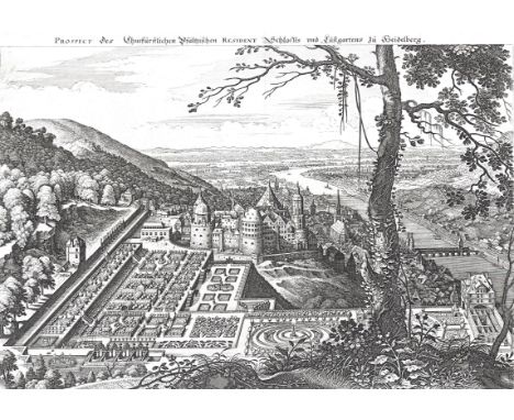 Heidelberg.: Prospect des Schlosses und Lustgartens. Kupferstich v. M.Merian. Ca. 25 x 35 cm. - Guter Zustand. Auf dem weißen