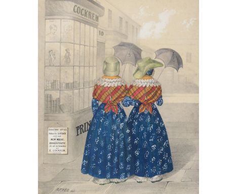 Torquay.: 2 Frauen mit Hut und Schirm vor dem Schaufenster des Buchladens Edward Cockrems. Farblithographie von R.P.YEO. 19. 