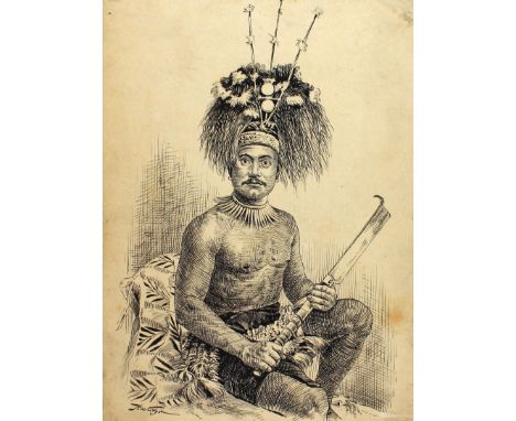Samoa.: Samoaner. Ein Bewohner der Insel in typischer Tracht mit Schwert u. hoher Kopfbedeckung  evtl. ein Prinz. Druckvorlag