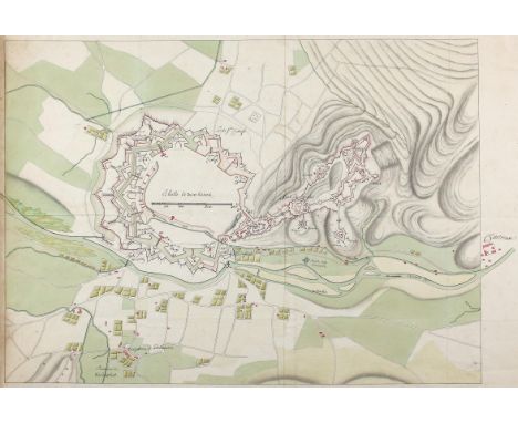 Freiburg i.B.: Planaufsicht. Aquarellierte Tuschezeichung mit Höhenlinien. 19./Anf. 20. Jhdt. Ca. 35,5 x 49,5 cm. Blgr. 41,5 