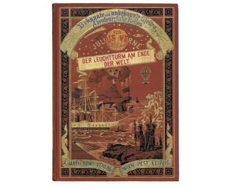 Verne,J.: Der Leuchtturm am Ende der Welt. Wien u.a., Hartleben 1906. Gr.8°. Mit 33 tls. ganzs. Holzst.-Illustr. 199 S. Illus