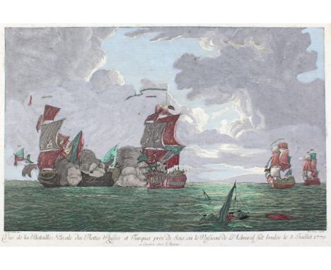 Izmir.: Cesme. Vue de la Bataille Navale des Flottes Russes et Turques. Guckkastenkupfer von B.F.Leizelt, London um 1770. Plg