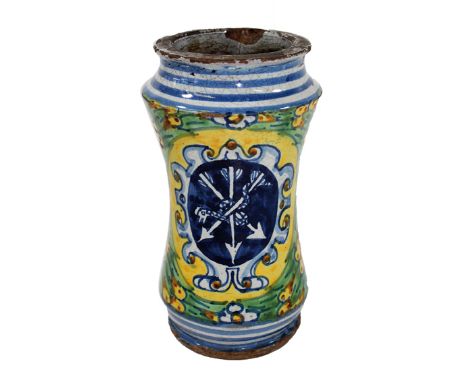 Albarello Trapani Sizilien: 17.Jh. Zylindrisches gegäß mit eingezogener Wandunr. Polychrome Bemalung in blau, grün u. gelb au