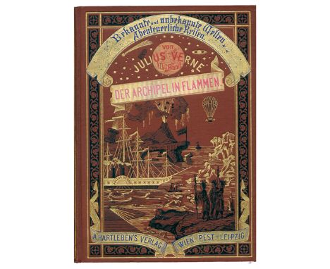 Verne,J.: Der Archipel in Flammen. Wien u.a., Hartleben 1887. Gr.8°. Mit 51 Textholzst. 223 S. Illustr. Olwd. mit Gold- u. Sc