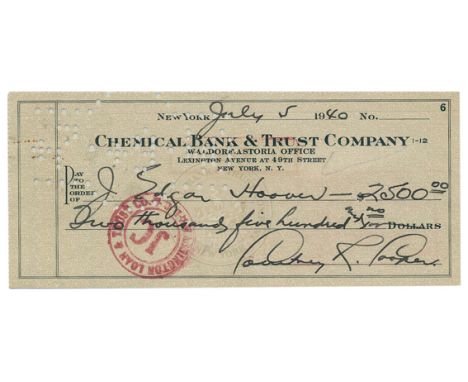 Hoover, John Edgar,: FBI-Direktor (1895-1972). Eh. Unterschrift auf der Rückseite eines zu seinen Gunsten ausgestellten Schec