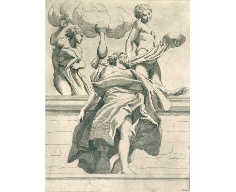 Badalocchio, Sisto: (1585 Parma - Rom 1647). Stehender Prophet nach rechts blickend, hinter ihm auf einem Geländer zwei Engel