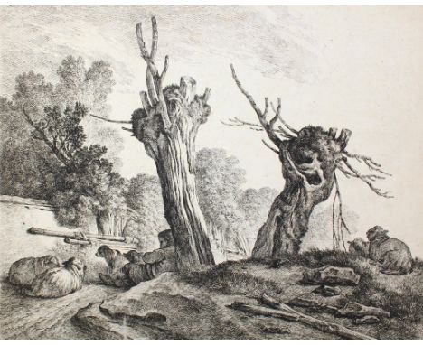 Huet, Jean-Baptiste Marie: (1745 Paris 1811). Baumlandschaft mit ruhendem Schäfer mit Hund u. Schafen. Radierung auf Bütten u