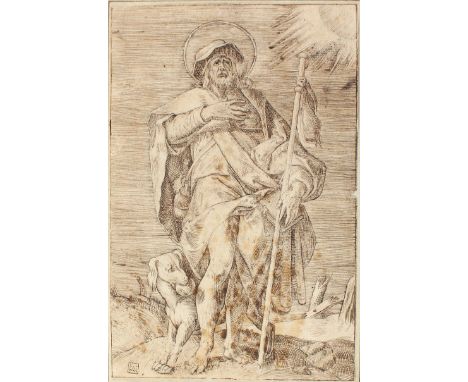 Anonymer Künstler: Hl. Rochus. Radierung. Nach Cornelius Cort u. Hans Speechaert. 17./18. Jhdt. 21,5 x 14,2 cm. Sammlerstempe