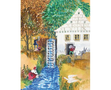 Hellgrewe, Jutta: (1934 Bad Langensalza - 1998). Gebrüder Grimm. Der Teufel mit den drei goldenen Haaren. Über 20 Blatt mit E